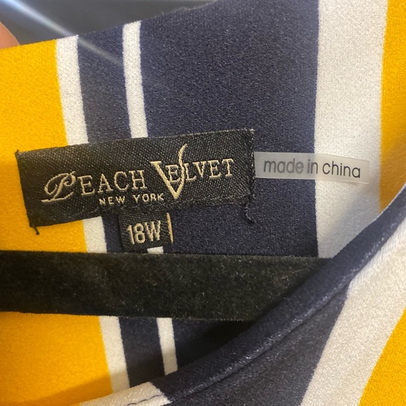 Peach Velvet Yellow Dress ,Blue stripes ,Tie in the front or back ,short sleeve - Picture 4 of 4